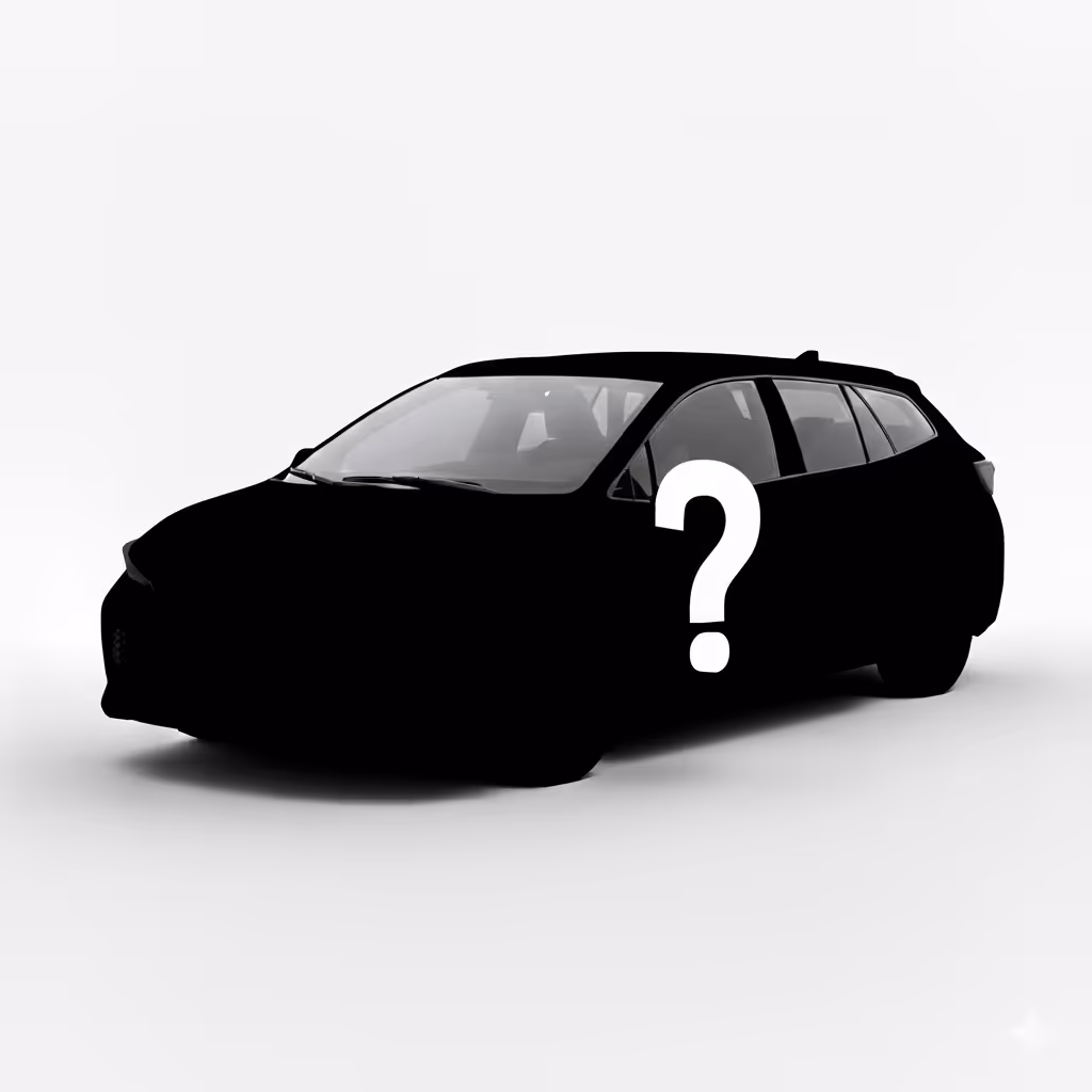 Black silhouette of a car with a large white question mark on the driver's side door against a white background.