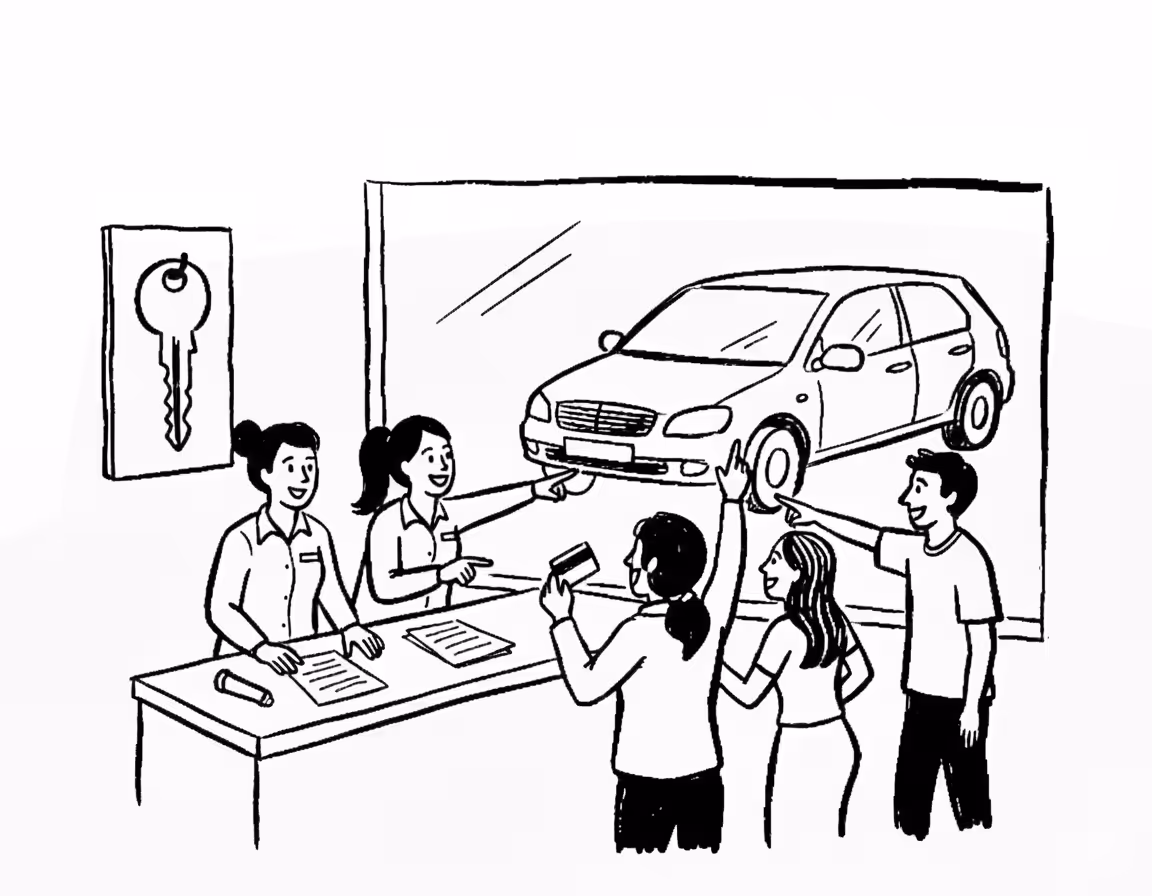 People at a car dealership counter with sales staff showing a car through a large window, one customer holding a card and others pointing at the car.