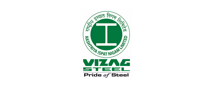 Logo of Rashtriya Ispat Nigam Limited with green circular emblem and text Vizag Steel Pride of Steel underneath.
