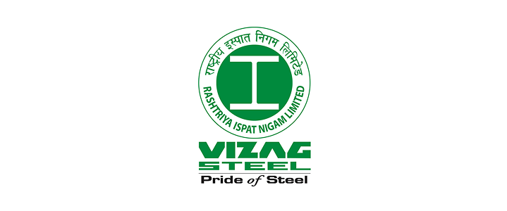 Logo of Rashtriya Ispat Nigam Limited with green circular emblem and text Vizag Steel Pride of Steel underneath.