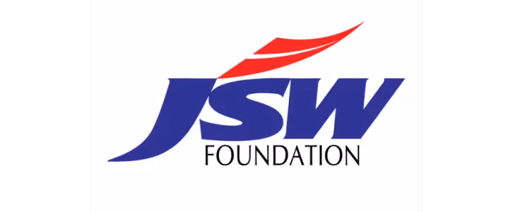 JSW Foundation logo with stylized blue letters and red swoosh above.