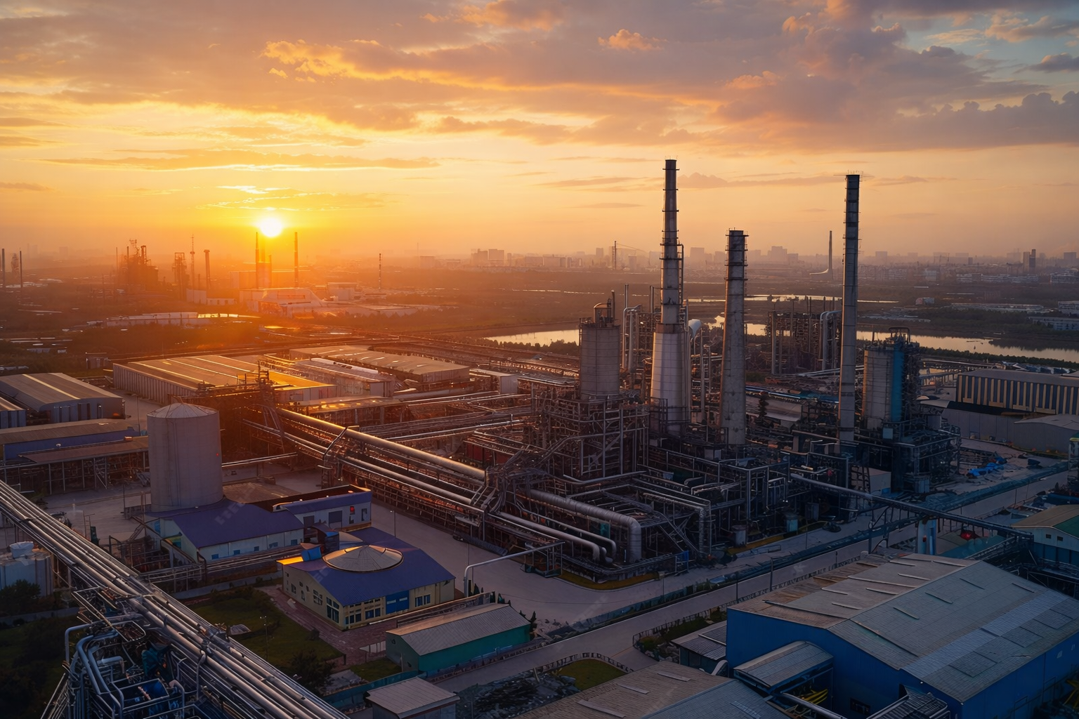 Industrial refinery complex with large pipes and tall smokestacks under a sunset sky.