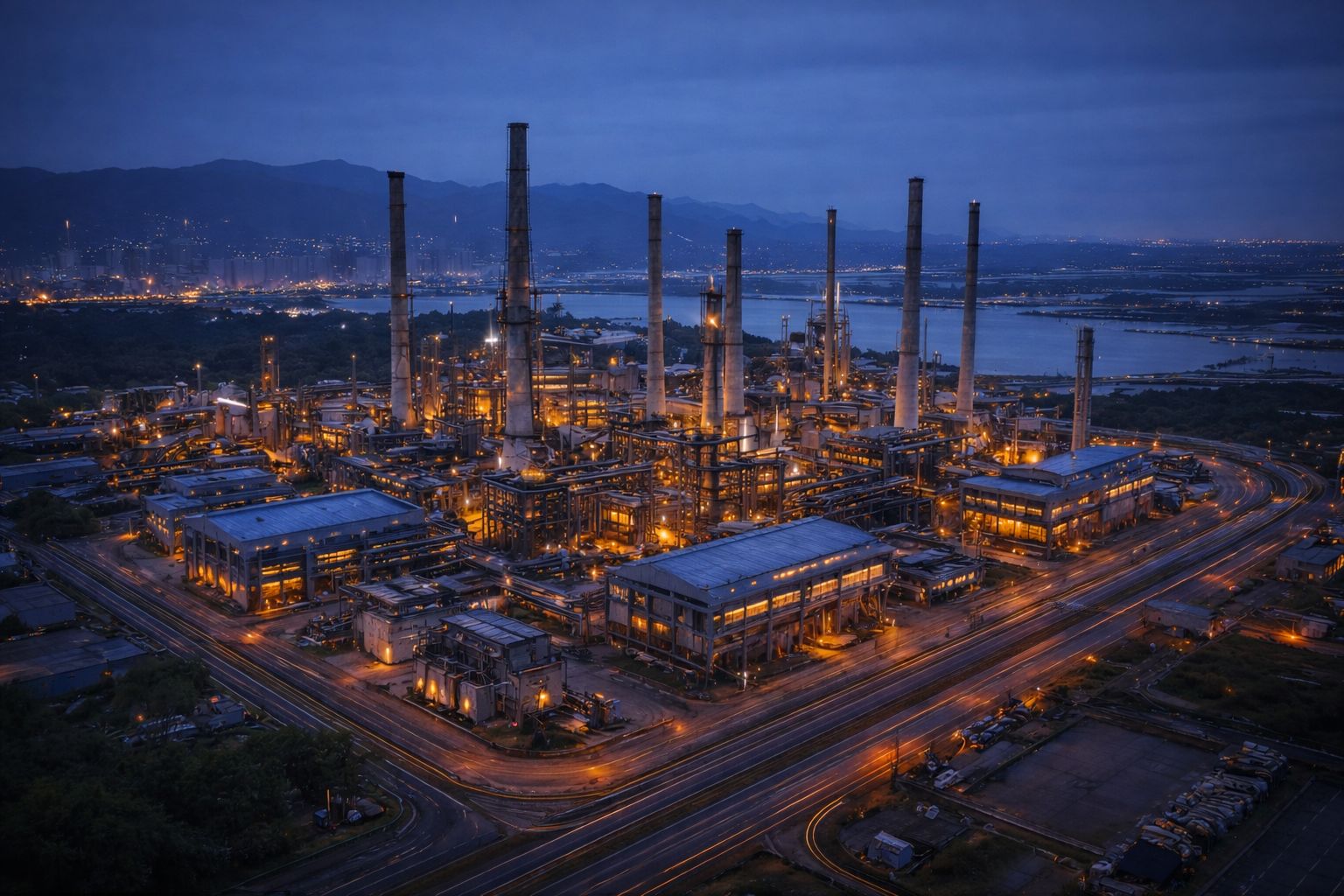 Aerial view of an illuminated industrial refinery complex at dusk with tall smokestacks and surrounding roads.