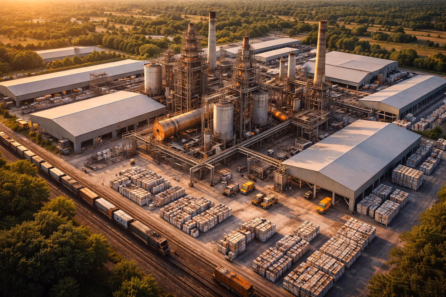Aerial view of an industrial factory complex with storage buildings, stacked materials, yellow vehicles, and a freight train on nearby tracks during sunset.