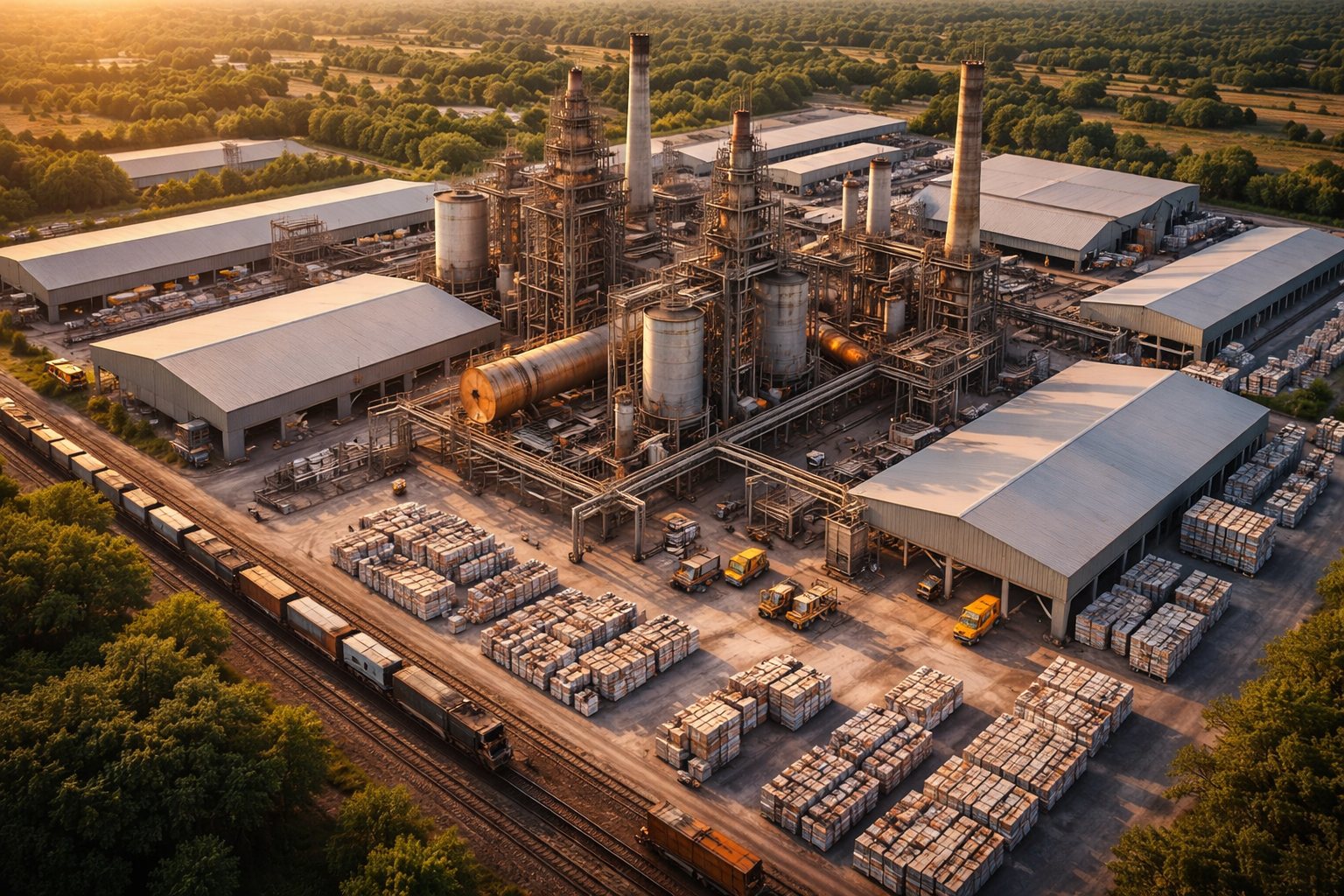 Aerial view of an industrial factory complex with storage buildings, stacked materials, yellow vehicles, and a freight train on nearby tracks during sunset.