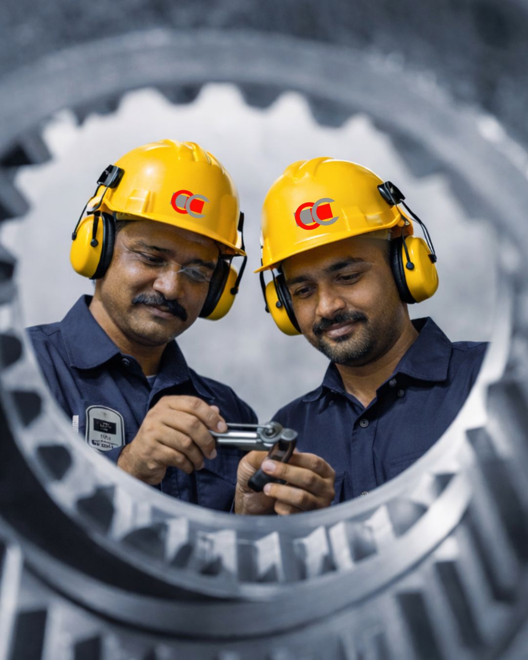 Two engineers wearing yellow hard hats and blue uniforms inspecting a tool, viewed through a large gear.