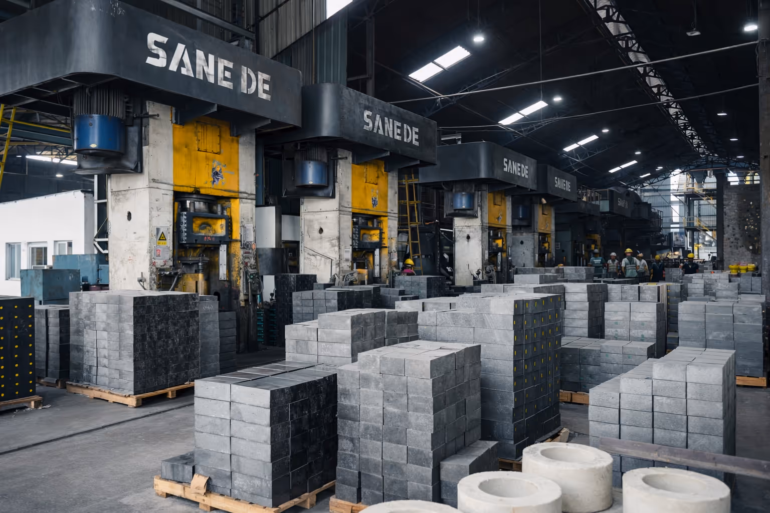 Industrial warehouse with large stacks of gray concrete blocks and machinery labeled 'SANE DE' along the wall, with workers in the background.
