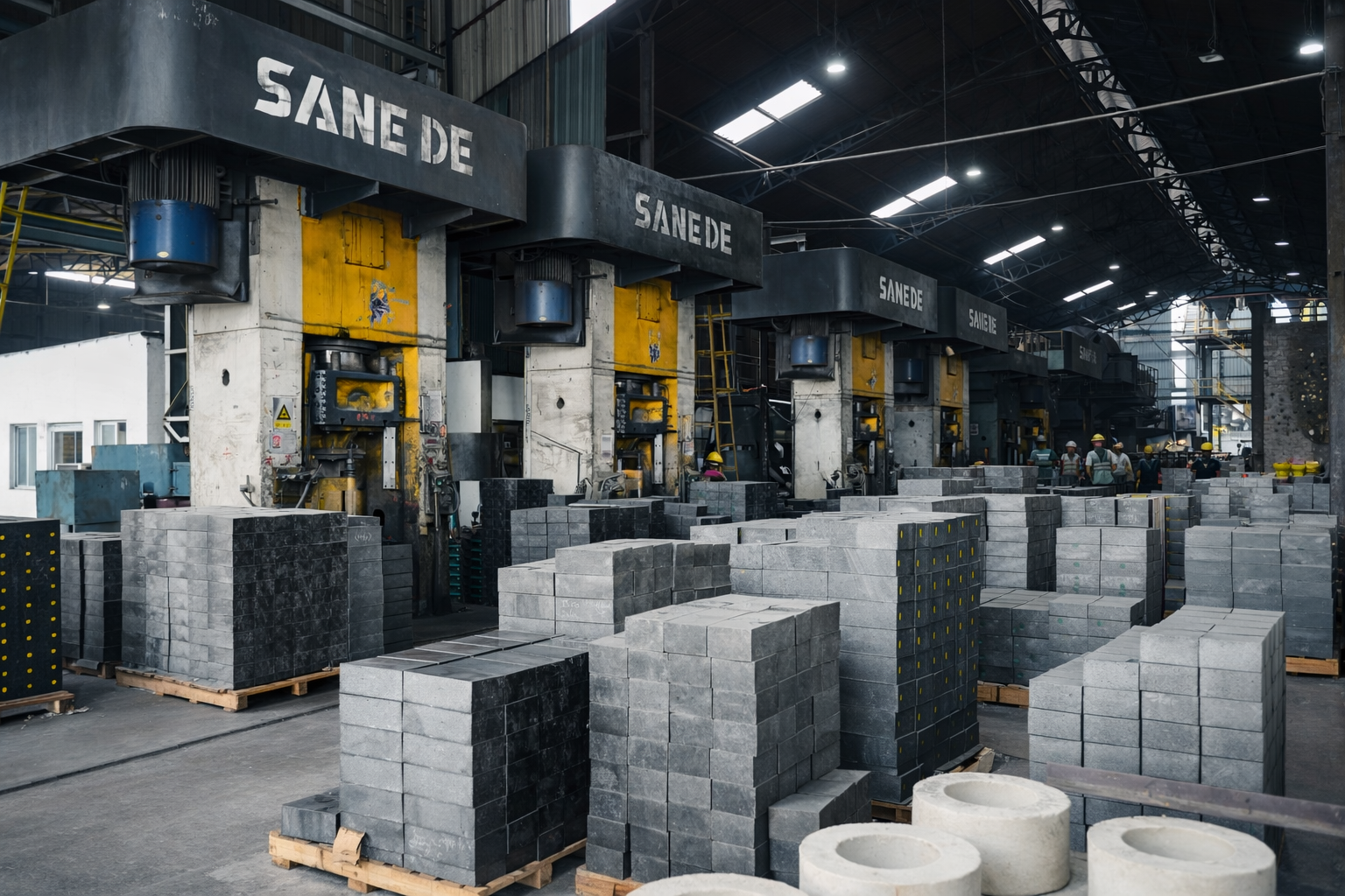 Industrial warehouse with large stacks of gray concrete blocks and machinery labeled 'SANE DE' along the wall, with workers in the background.