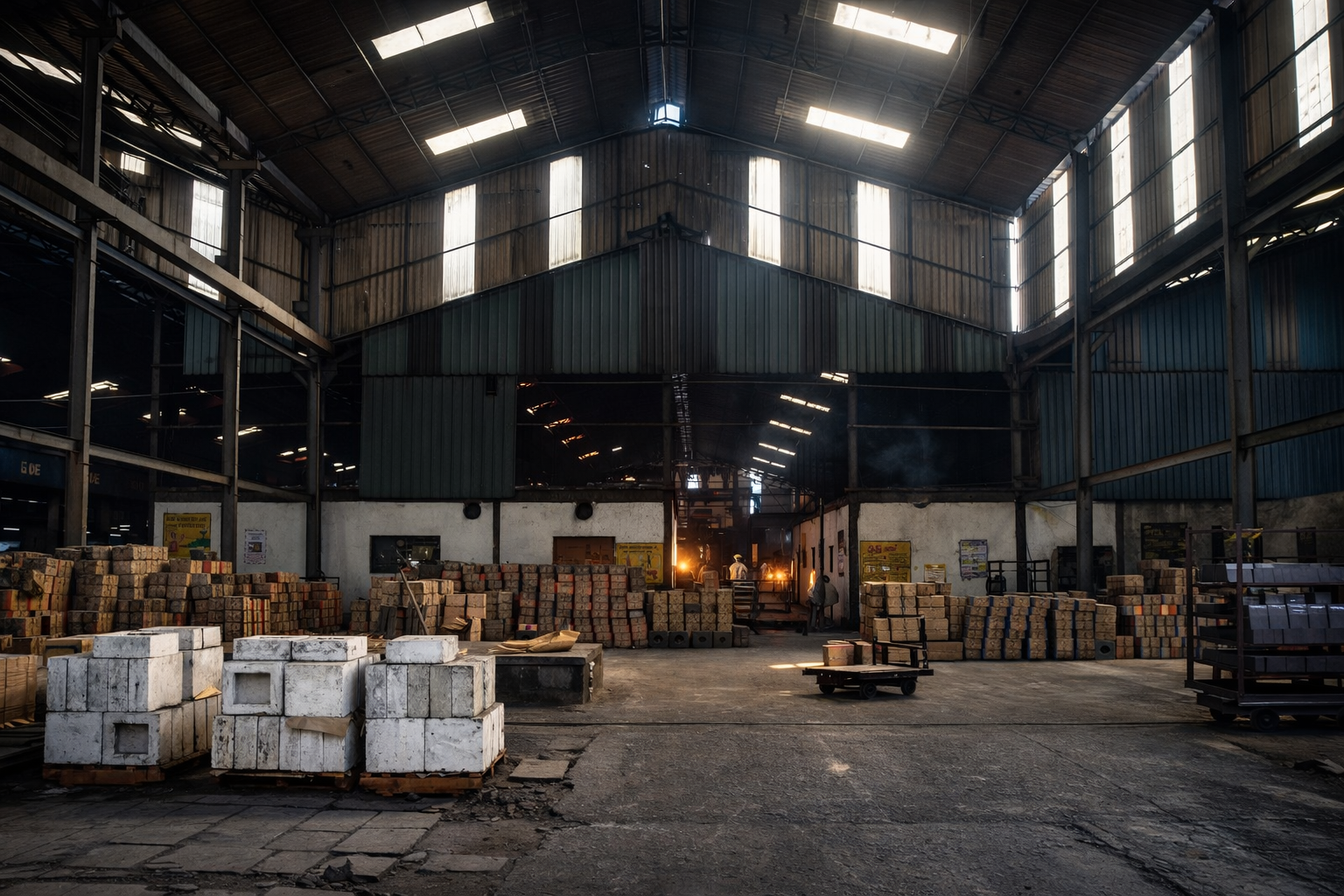 Industrial warehouse interior with stacked bricks, pallets, and dim lighting from ceiling windows.