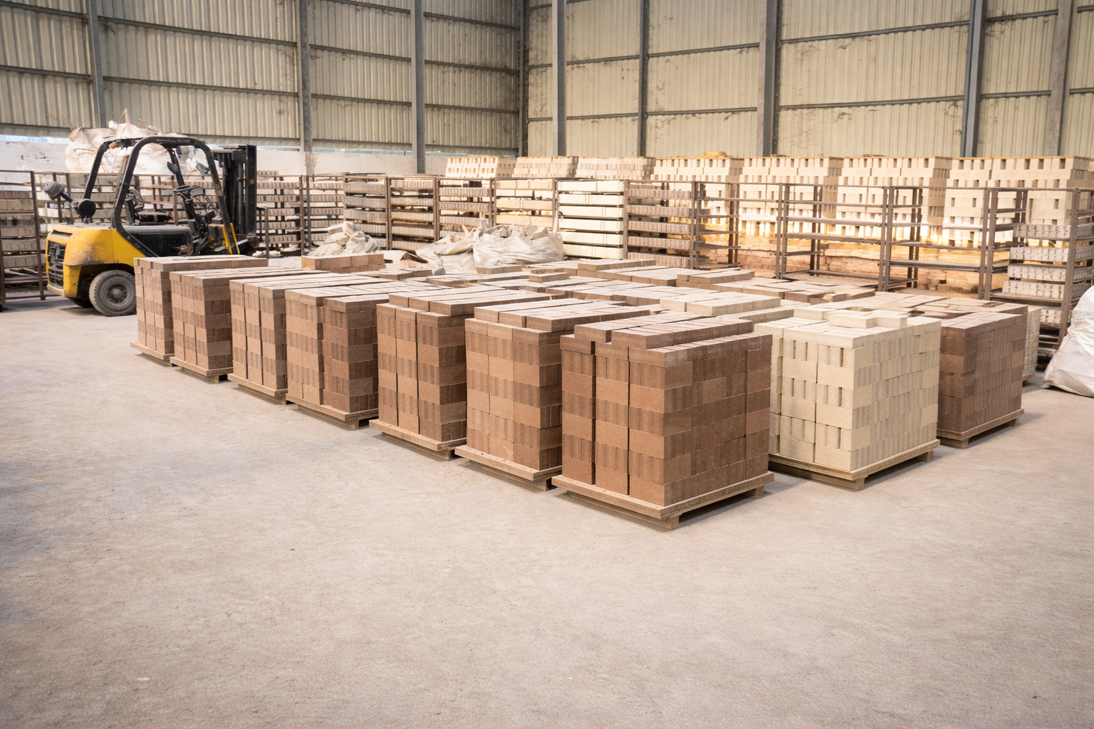 Stacks of brown and beige bricks organized on wooden pallets inside a warehouse with a forklift parked nearby.