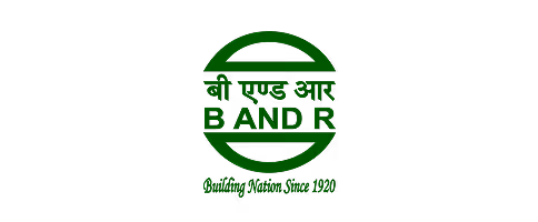 Logo with green semi-circle and horizontal lines containing Hindi text, 'B AND R', and slogan 'Building Nation Since 1930'.
