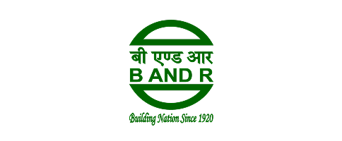 Logo with green semi-circle and horizontal lines containing Hindi text, 'B AND R', and slogan 'Building Nation Since 1930'.