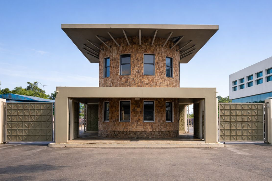 Front view of a modern security gatehouse with a cylindrical brick tower and two large metal gates on either side.