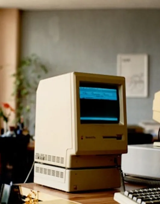 Vintage Macintosh computer with a blue screen displaying text on a wooden desk in a cozy room.