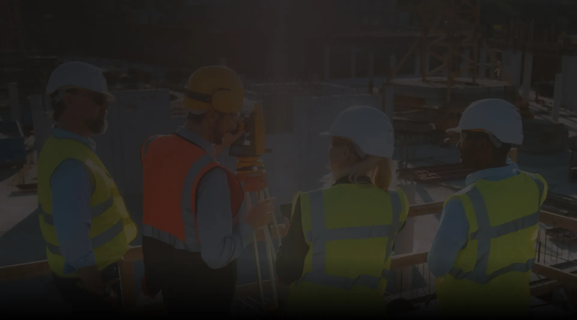  Construction workers in hi-vis vests inspect site