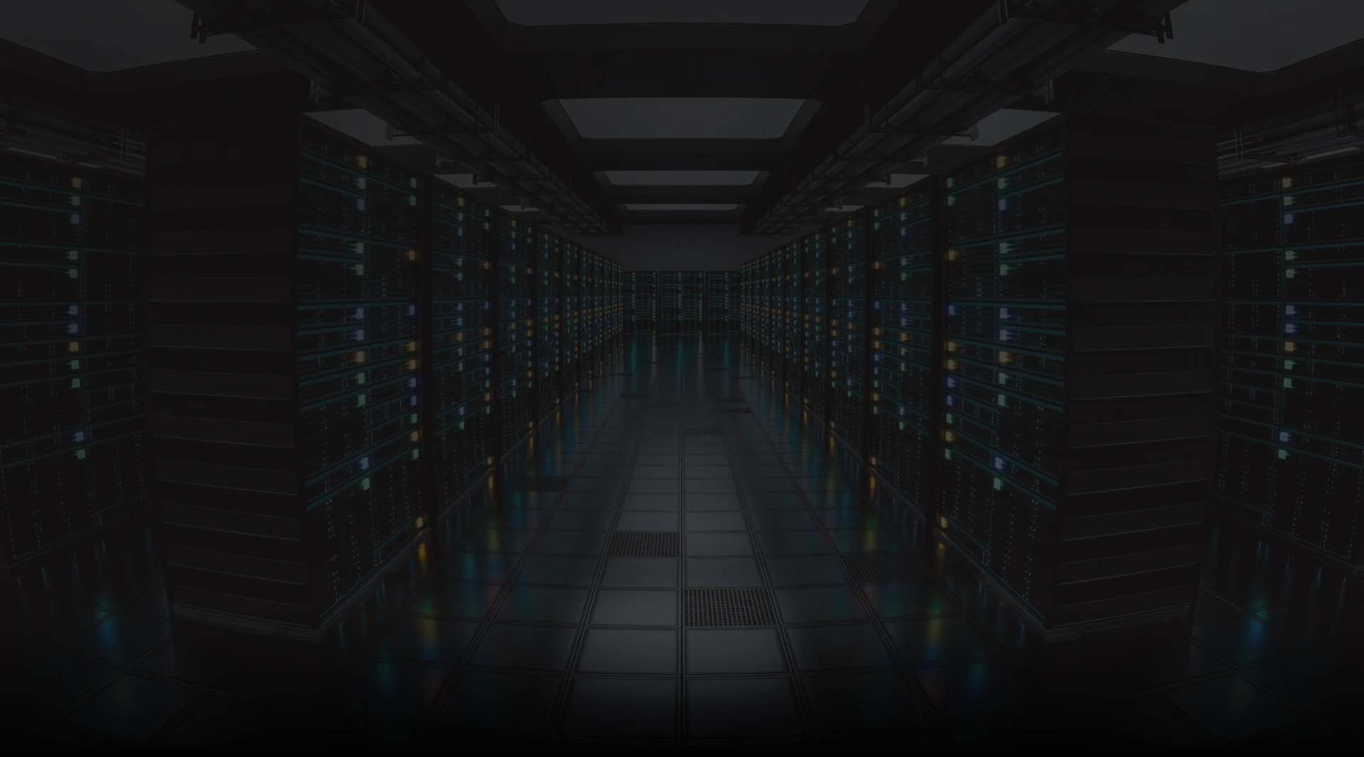 Rows of server racks in a dim data centre