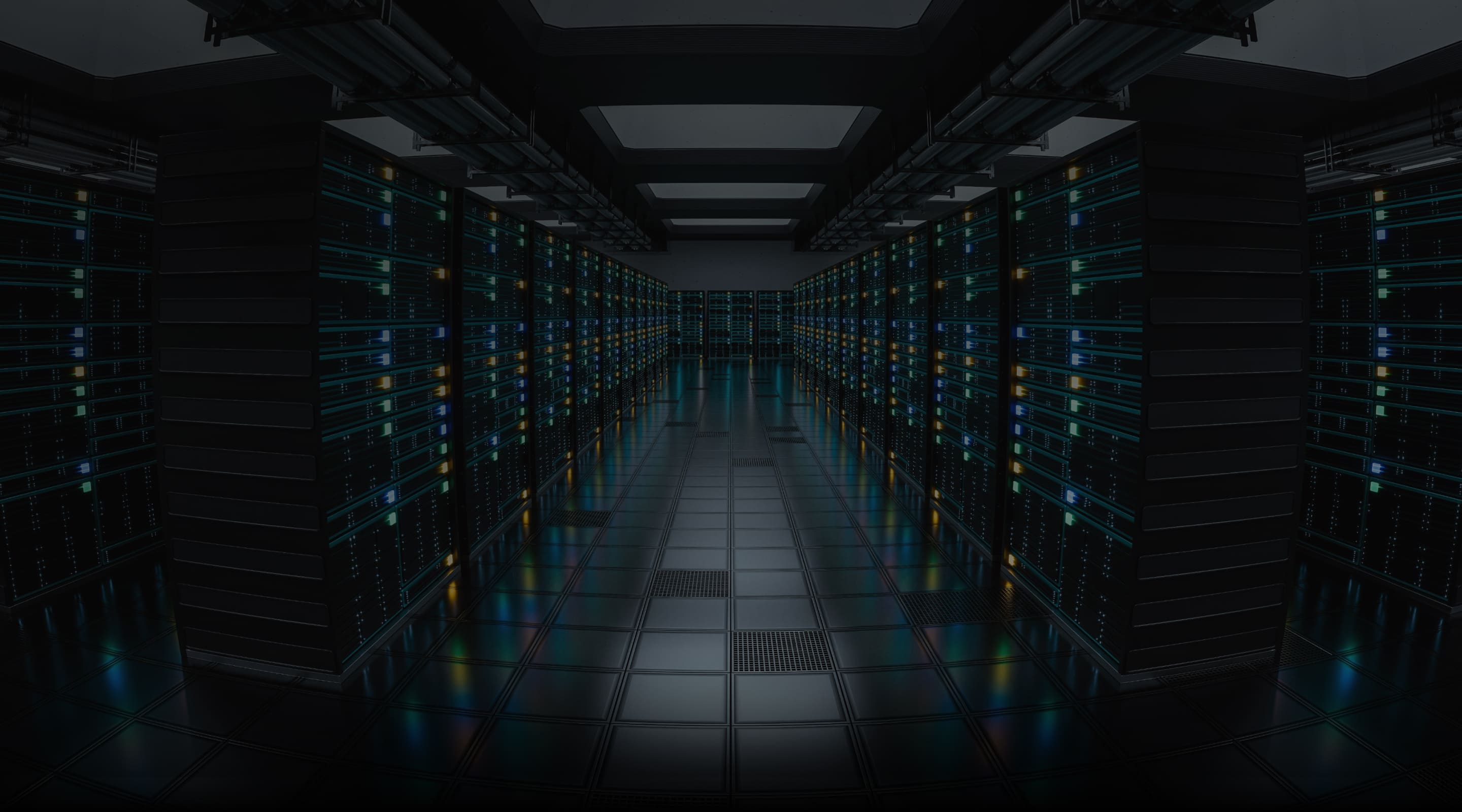 Dim data center aisle lit by blue server LEDs