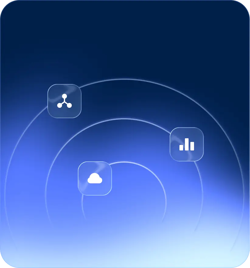 Blue gradient background with three white icons representing network share, cloud storage, and data analytics arranged in a circular orbit pattern.