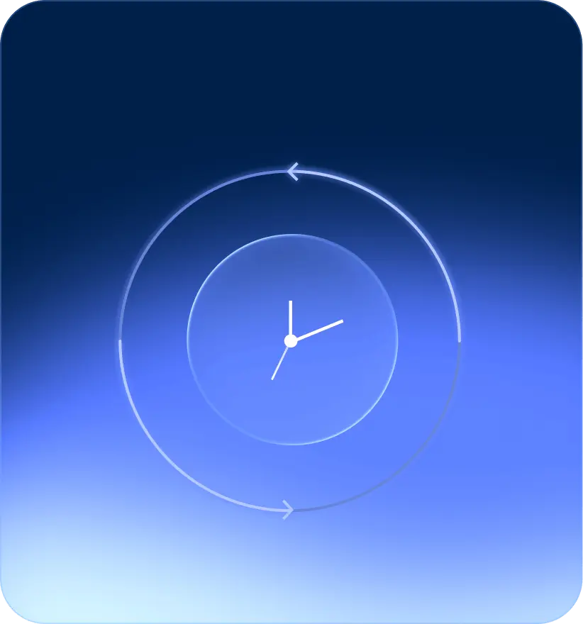 Clock icon with circular arrows around it on a blue gradient background, symbolizing time or refresh.