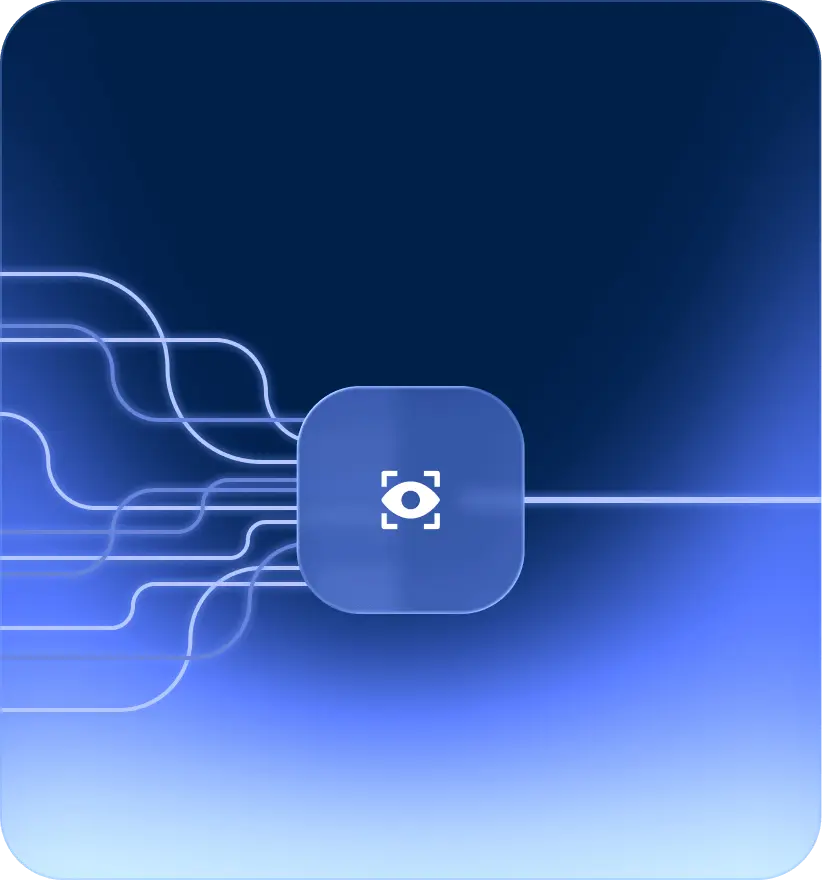 Abstract blue digital graphic with glowing flowing lines converging into a central rounded square containing an eye icon.