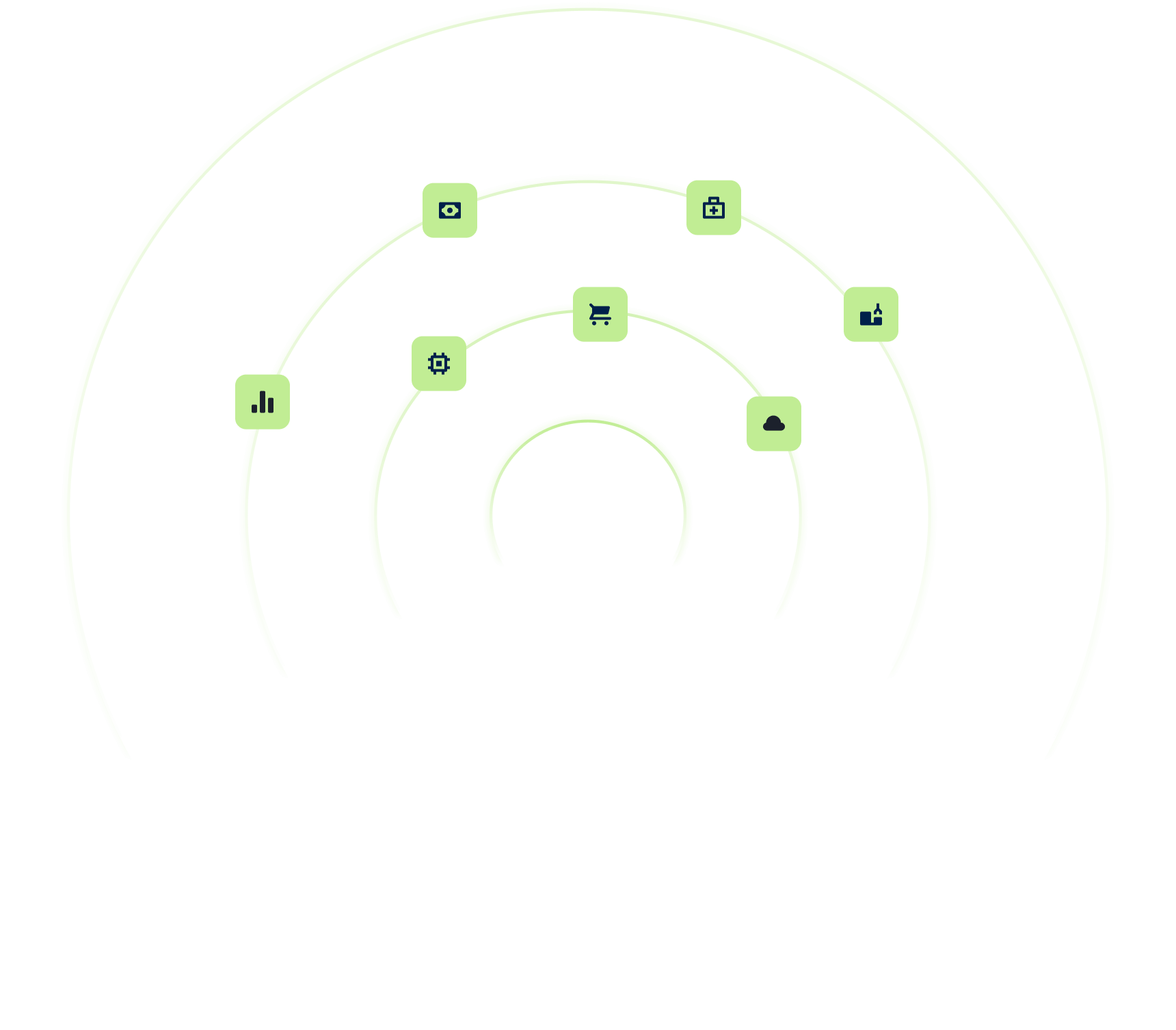 Concentric circles illustrating a data-driven hierarchy with icons representing analytics, automation, shopping cart, cloud, camera, first aid, and share features.