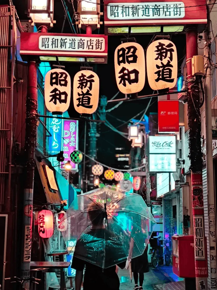 Person holding a transparent umbrella walking down a narrow, neon-lit street lined with Japanese lanterns and signs at night.
Patrick Zilke strolling through Japan
