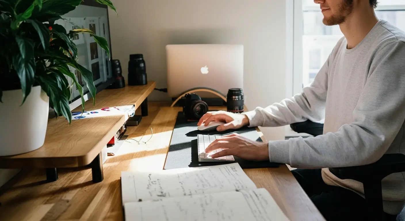 Person typing on a keyboard at a wooden desk with a laptop, camera, lenses, and a potted plant nearby.
Patrick Zilke working on desk