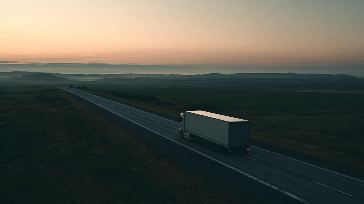 A large white semi-truck driving on a two-lane highway through a rural landscape at sunset with hills and fields in the background.
