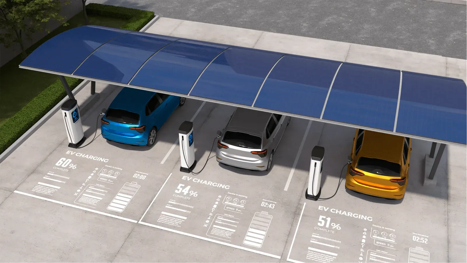 Cars charging under a sunroof.