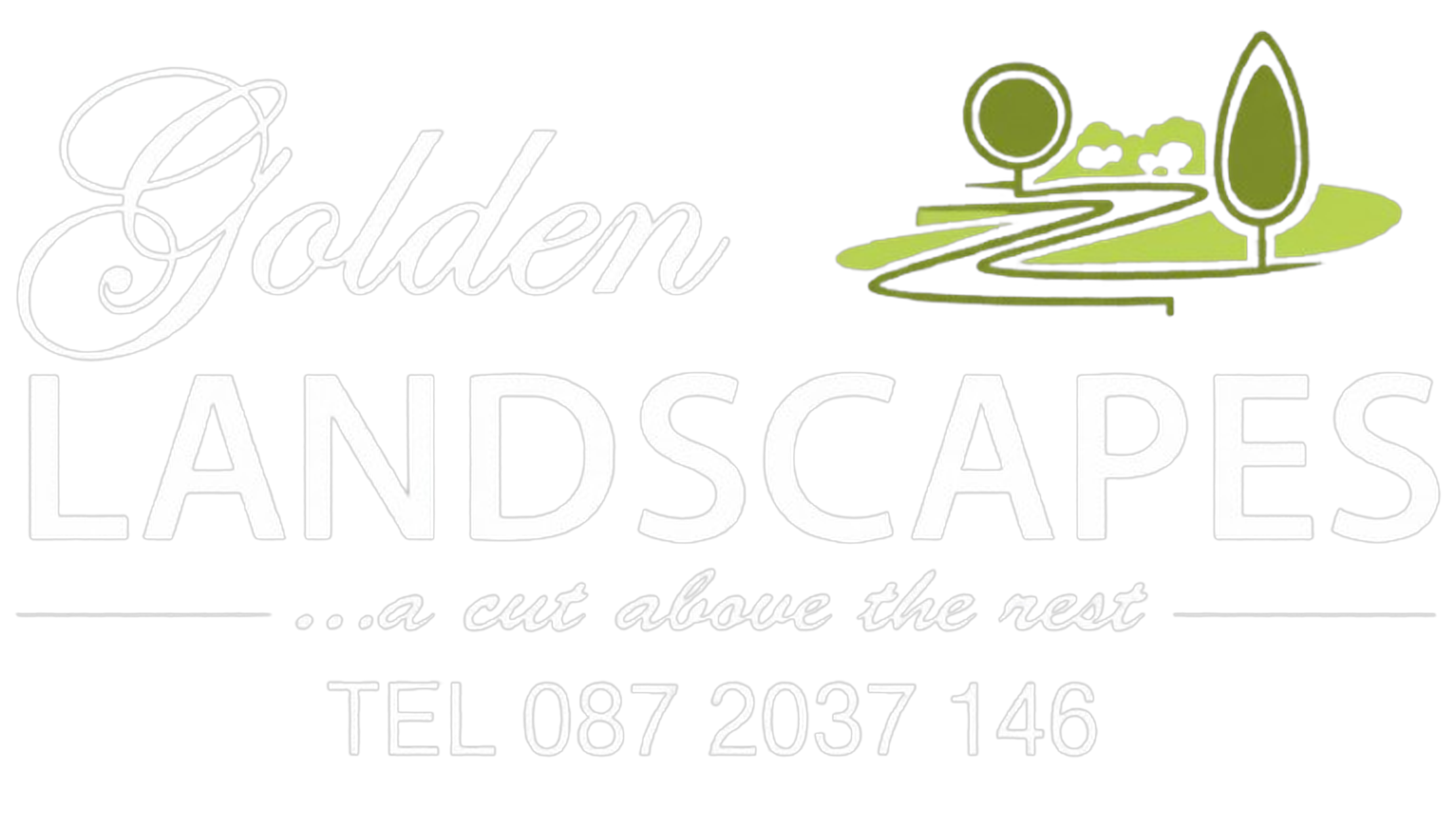 Golden Landscapes logo with stylized green trees and a winding path, tagline 'a cut above the rest', and telephone number 087 2037 146.