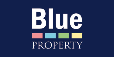 Blue Property logo with the word 'Blue' in bold white letters above colored rectangles and 'PROPERTY' in white capital letters below on a dark blue background.