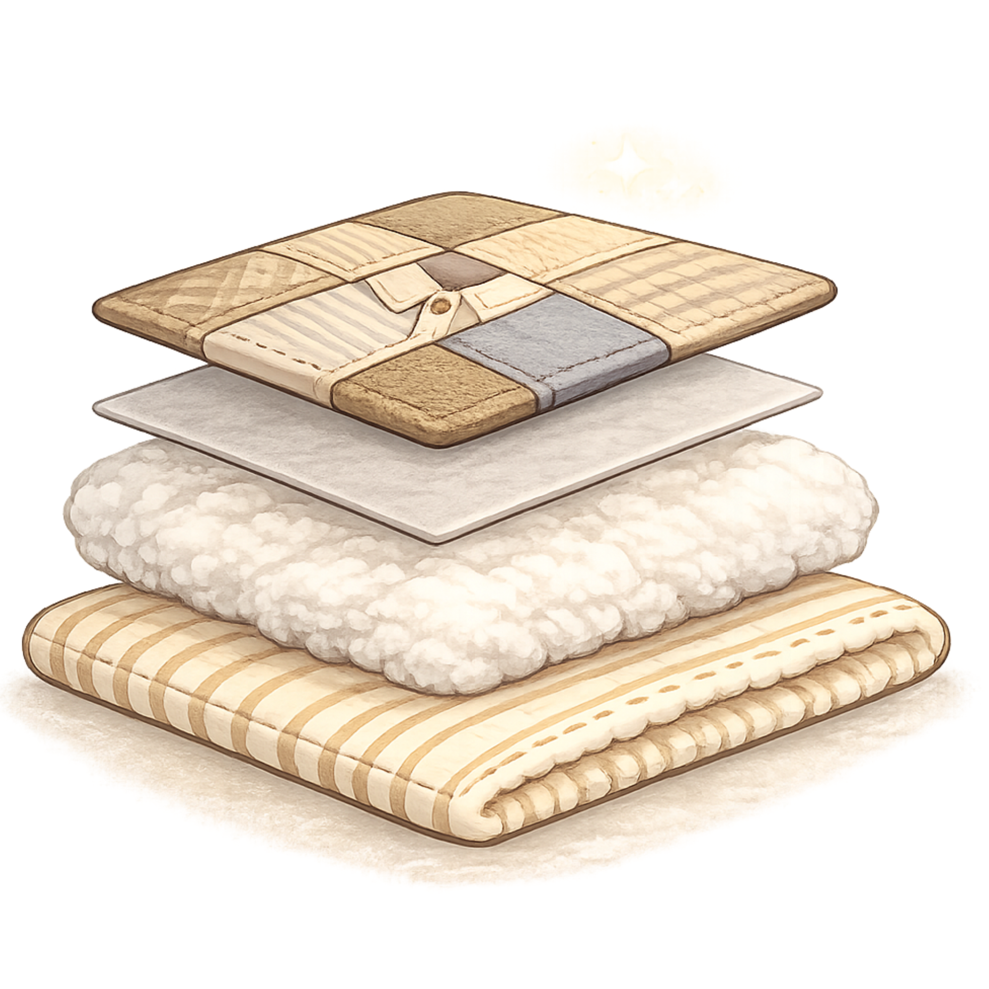 Schéma représentant les différentes couches d’une couverture souvenir : patchwork, thermocollant, ouate et tissu minky