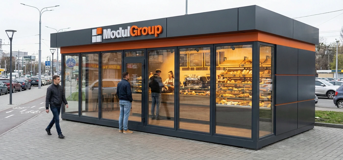 Процес будівництва великого торгового павільйону під ключ від ModulGroup для магазину чи кав'ярні.