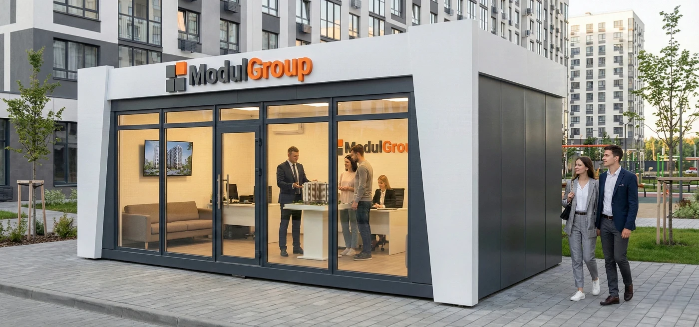 Готовий модульний офіс та мобільний відділ продажу для автомайданчика або офісу забудовника виробництва ModulGroup.