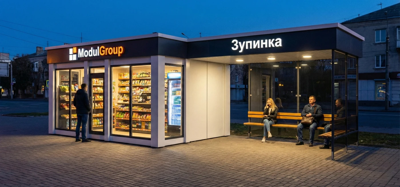 Сучасний зупинковий комплекс із вбудованим торговим кіоском або павільйоном очікування від ModulGroup.