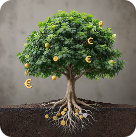 Arbre verdoyant avec des symboles euro dorés sur les branches et les racines dans un sol sombre.