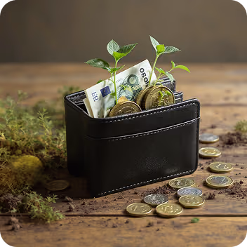 Portefeuille en cuir noir avec billets de banque et pièces, d'où poussent de jeunes plants verts.