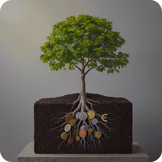 Un arbre vert poussant à partir d'un bloc de terre avec des racines visibles contenant diverses pièces de monnaie.
