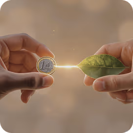 Deux mains tenant une pièce de un euro et une feuille verte reliées par une lumière brillante.