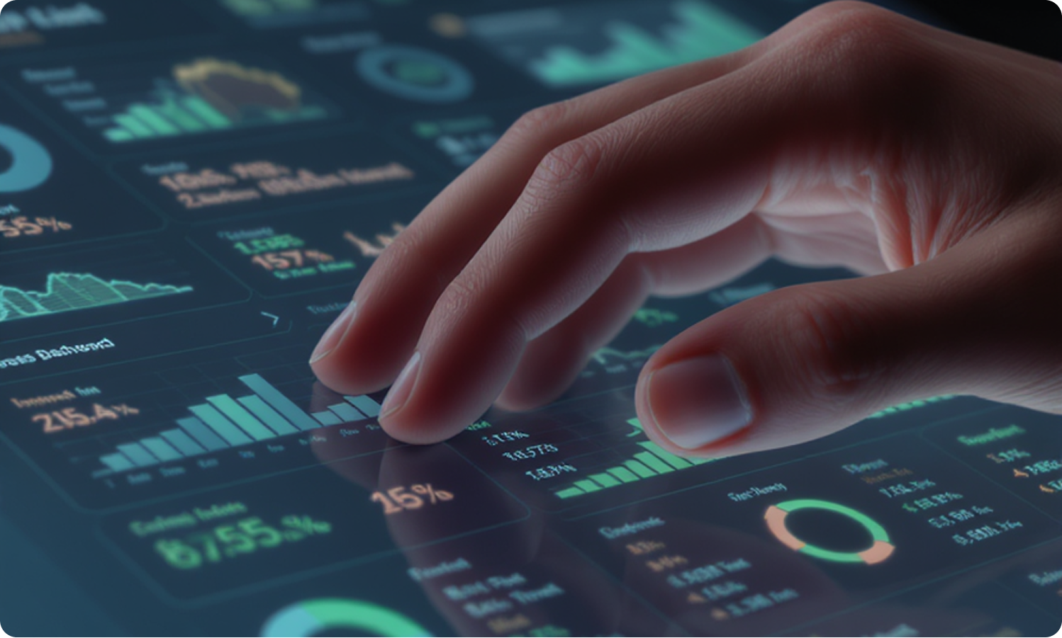 Main tenant un doigt sur un écran tactile affichant des graphiques et des statistiques financières numériques.