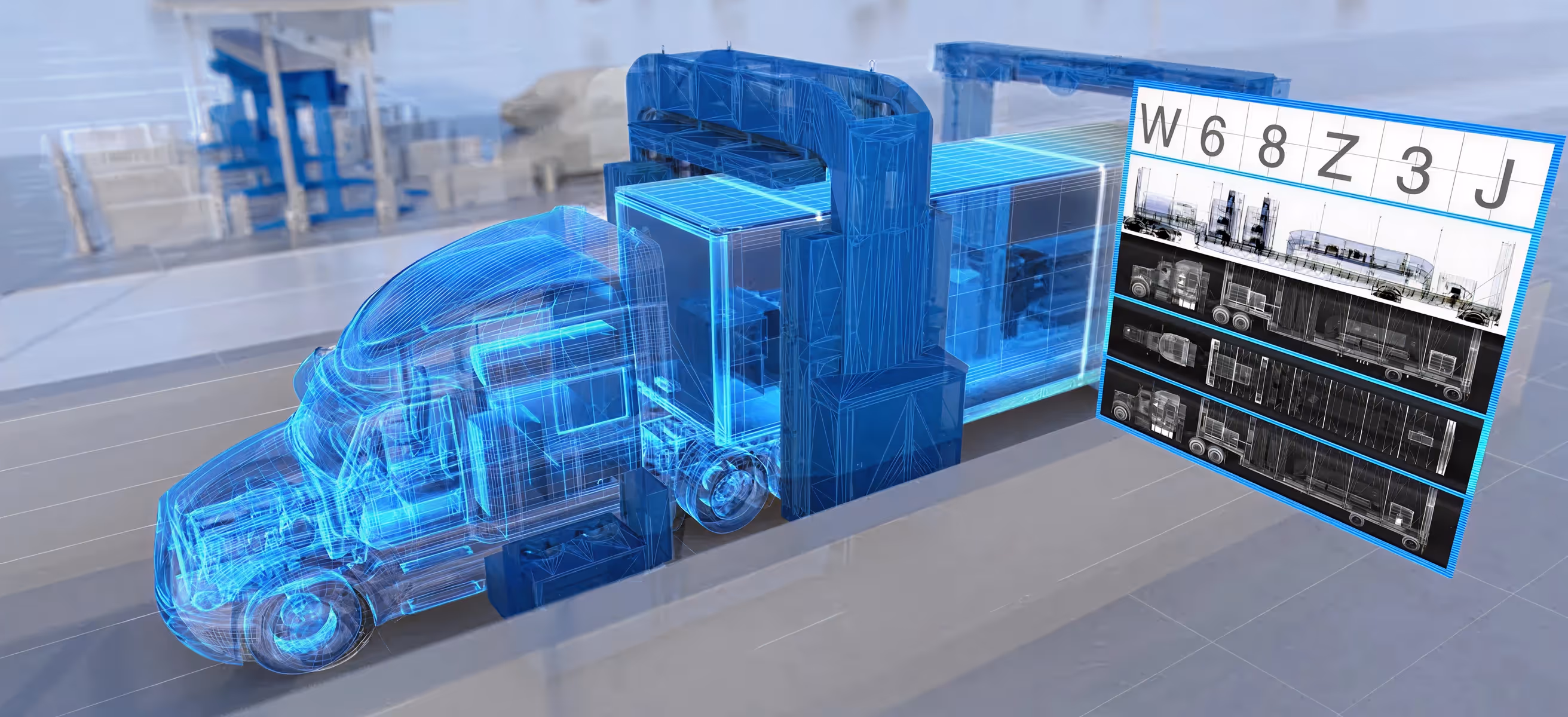 Digital wireframe model of a semi-truck at a loading station with a floating blueprint displaying different truck views and the code W68Z3J.