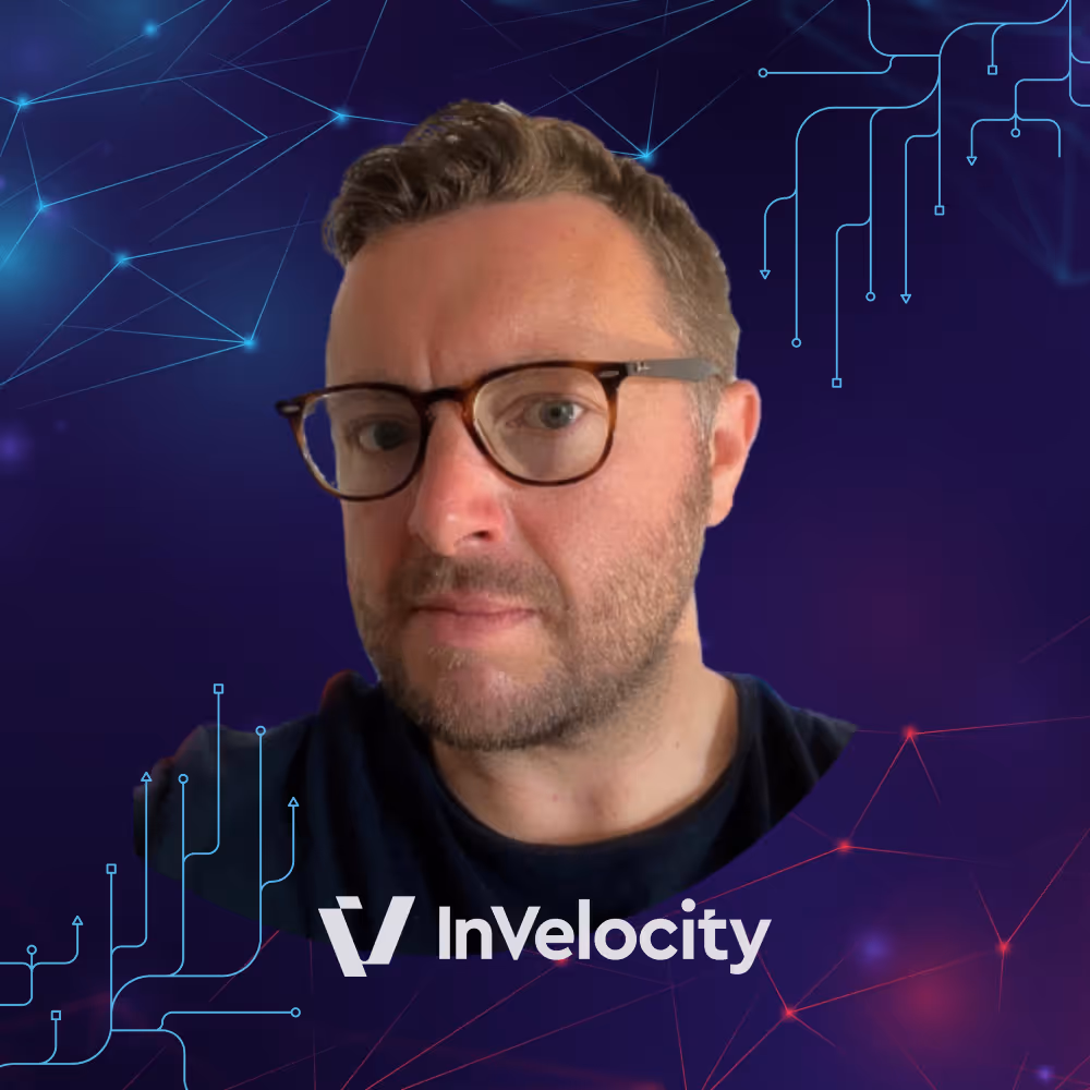 Man with short brown hair, beard, and tortoiseshell glasses, with a dark blue and purple digital network background and InVelocity logo.