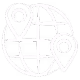 White outline of a globe with two location pins marking points on it.
