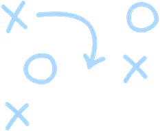 Blue Xs and Os connected by a curved arrow, resembling a sports play strategy diagram.