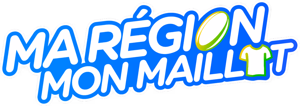 Blue text logo reading 'MA RÉGION MON MAILLOT' with a rugby ball replacing the letter O and a green rugby jersey replacing the letter T.