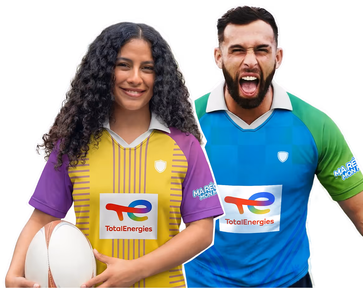 Smiling woman holding a rugby ball wearing a yellow and purple jersey and a man shouting excitedly in a blue and green jersey, both with TotalEnergies logos.