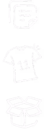 Three white line icons on black background: a stylized letter G with a pencil, a t-shirt with the number 11, and an open cardboard box.