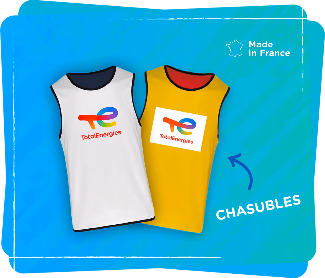 Two sleeveless sports jerseys, one white and one yellow, each featuring the colorful TotalEnergies logo.