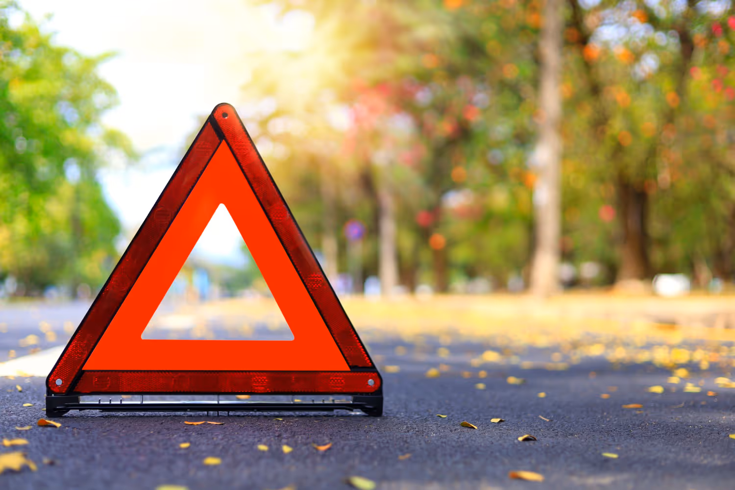Close-Up eines Warndreiecks auf einer herbstlichen Straße.