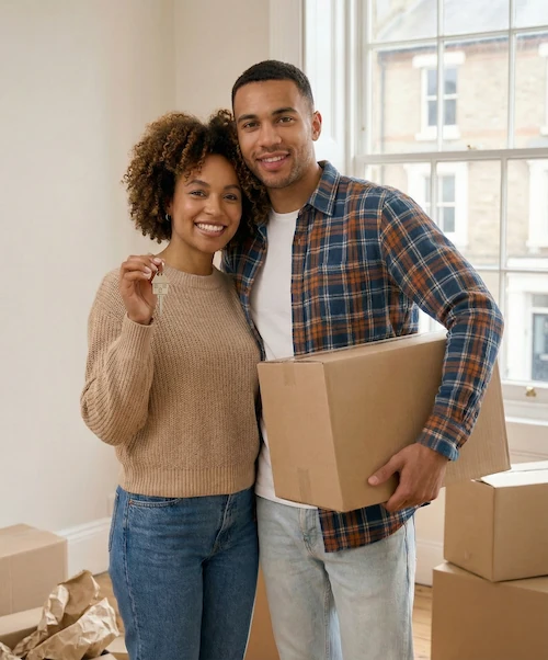 Smiling couple standing in a room with moving boxes, woman holding a key and man holding a cardboard box.